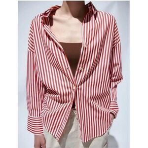 Zara Womens XXL NWOT Red White Striped Button Down Shirt Long Sleeve Blouse